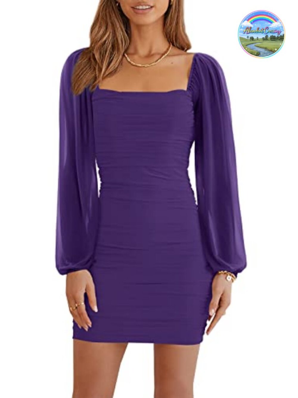 Women Mesh Long Sleeve Square Neck Ruched Bodycon Mini Dress